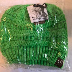 Lime Neon Green Messy Bun Ponytail Beanie